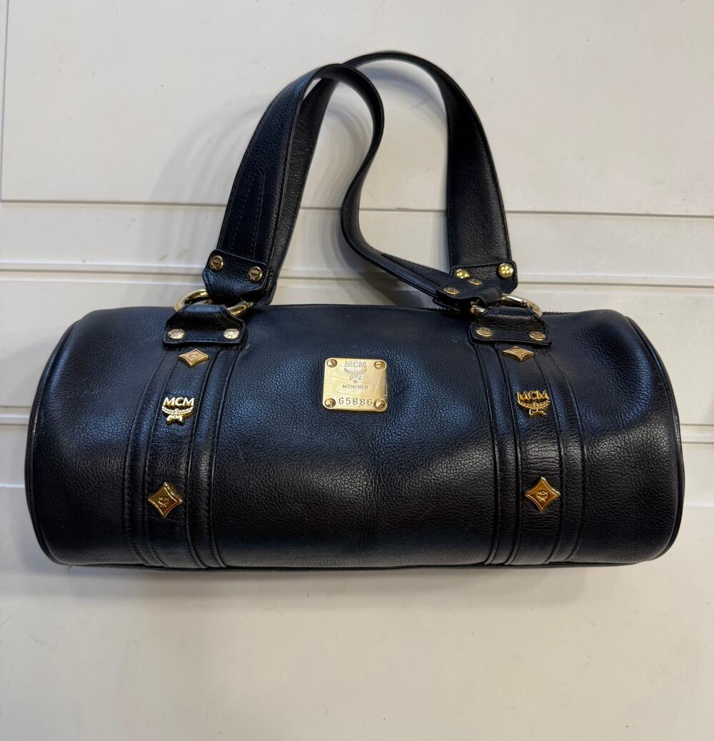 MCM Black Pebbled Leather Gold Hardware Monogram Barrel Bag Shoulder Bag
